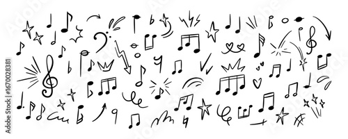Handwritten music symbols, notes, keys doodle set. Hand drawn melody crayon icons. Whimsical vector illustration. Twinkle, star, confetti, glitter, motion, movement comic effects. Crayon scribbles
