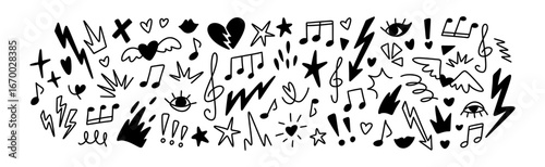 Set of nock n roll, punk music grunge doodle icons. Emo goth hand drawn background. Star shape, heat, mouth, notes, lightning drawings. Crayon sketch scribbles. Street graffiti, tattoo design