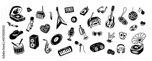 Set of retro music hand drawn doodle elements. Vintage vinyl player, disco ball, musical instruments. Hand with microphone. Punk, rock, jazz festival. Vector illustration in sketch style