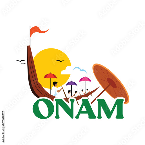 Colorful stylized illustration of an Onam boat race with men rowing a long wooden boat, bright sun, umbrellas, flag, and bold “ONAM” text. Festive, decorative, and cultural artwork.