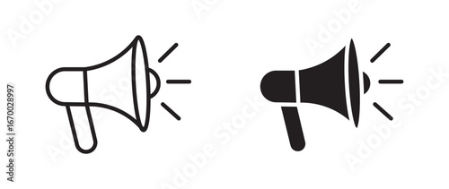 Megaphones icons set in outline and silhouette style .