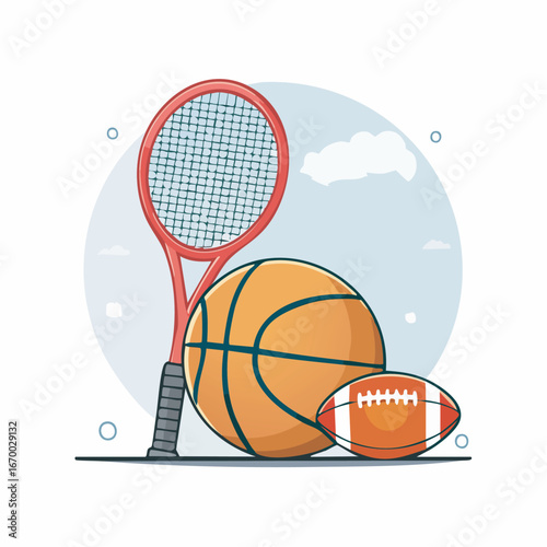 Sports equipment including a tennis racket, basketball, and football arranged on a light blue surface representing athletic activities and recreational fun.