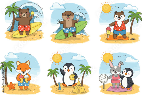Cute summer animals at beach, surfing, playing volleyball, eating ice cream, tropical vacation, palm trees, sandcastle building, sunny day, fun beach activities, ocean waves, adorable cartoon