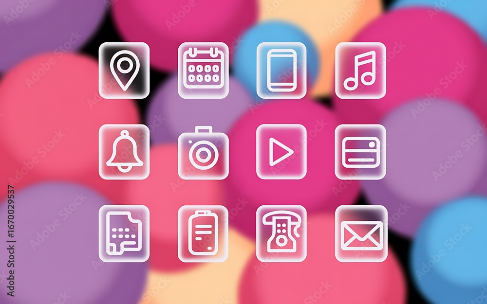 Naklejka premium Collection of modern white outline icons on a colorful bokeh background