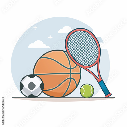Various sports equipment arranged neatly on a surface against a light blue cloudy sky, showcasing a playful and energetic theme.