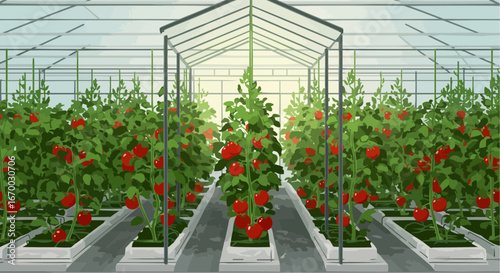 Greenhouse with tomato plants growing under bright sunlight  