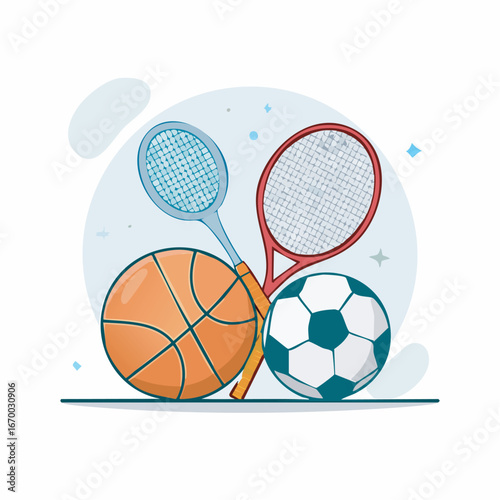 Assorted sports equipment arranged together representing active lifestyle and recreational activities with bright and playful theme.