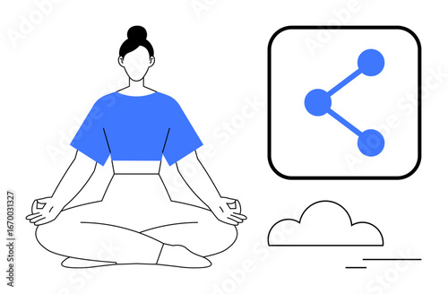 Calm woman in lotus yoga pose, cloud, and share icon symbolizing mindfulness, balance, and communication. Ideal for wellness, self-care, technology, online platforms communication mindfulness