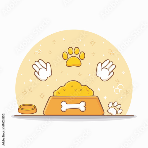 Dog food bowl sits patiently waiting to be eaten with paw prints and hand icons floating around it in a cute and playful manner.