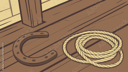 Horseshoe and Rope on Wooden Floor Western Theme Illustration Ranch Farm Countryside Rustic Design Cowboy Equestrian Stable Luck Good Fortune Graphic Design Element.