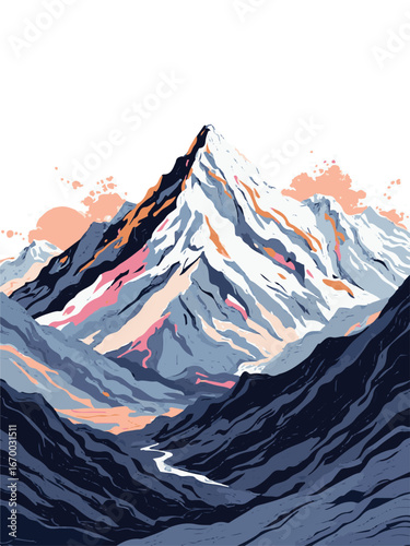 Snowy Mountain Peak with Red Sunset Highlights – Vector Landscape
