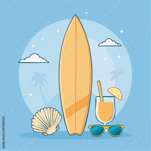 Surfboard stands tall next to a refreshing drink, sunglasses, and seashell on a light blue beach scene, evoking a sense of relaxation and summer fun.