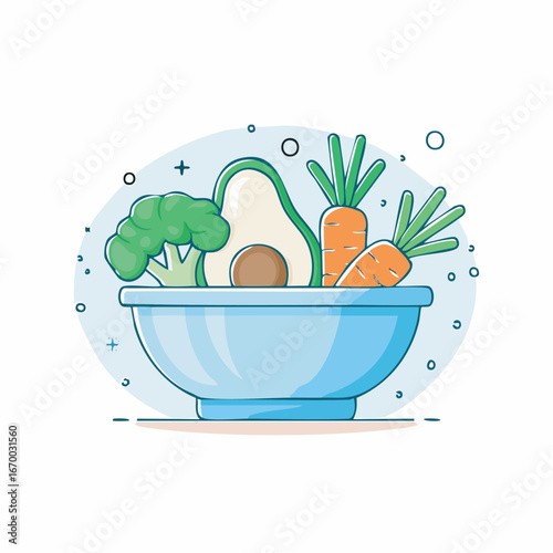 Bowl filled with fresh vegetables sitting on white surface, showcasing healthy eating and vibrant colors, promoting wellness.