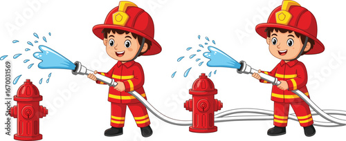 Cartoon firefighter kids, spraying water, fire hydrant, emergency response, safety education, child rescue, animated illustration, firefighting scene, hose action, uniformed children