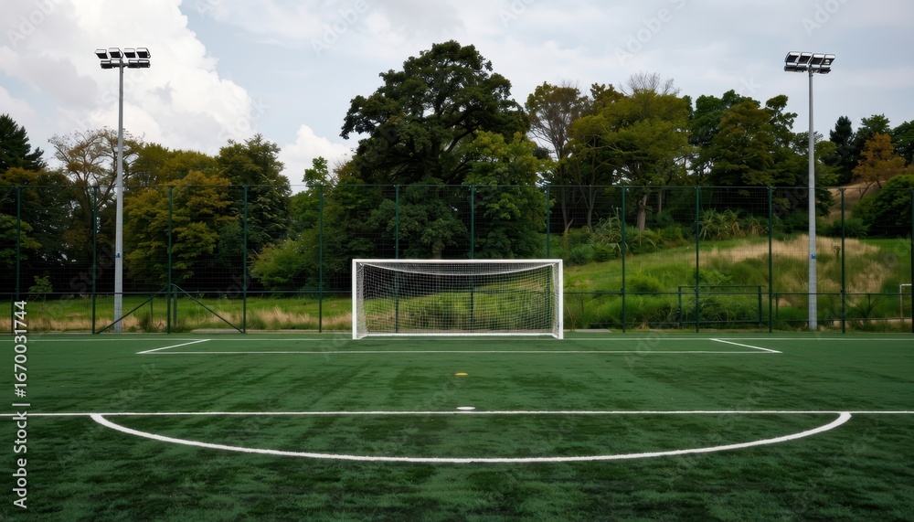 Obraz premium Exciting soccer match play urban field sports action green turf wide angle thrilling competition