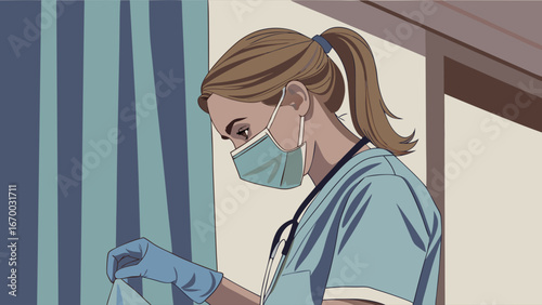 Medical professional in scrubs and mask preparing medical supplies.