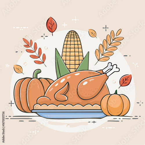 Thanksgiving turkey rests on a pie plate surrounded by pumpkins, corn, and autumn leaves, creating a festive and warm holiday scene.