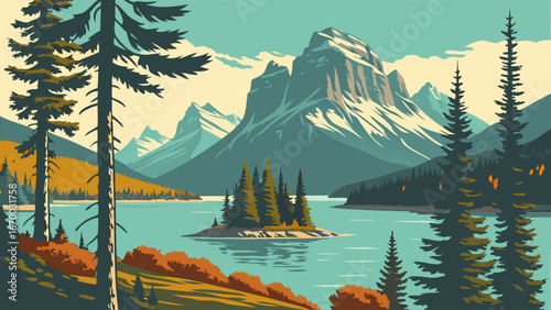 Mountain Lake Landscape with Island and Autumn Colors Scenic Nature View Illustration Artwork.