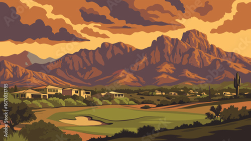 Mountain Golf Course Landscape at Sunset Desert Resort Southwestern Vista Scenic View Fairway Homes Illustration.