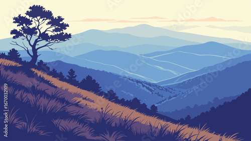 Serene Mountain Landscape at Sunset Grassy Hilltop View Blue Ridge Nature Scene Vector Illustration.