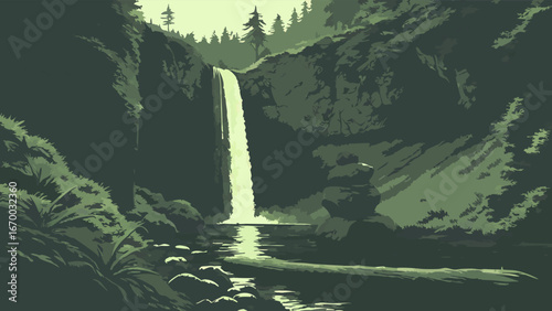 Serene Waterfall in Lush Green Forest Landscape Nature Scene Illustration.