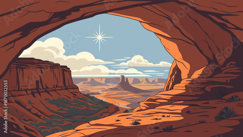 Stunning Desert Landscape View From a Rock Archway Canyon Desert Nature Illustration.