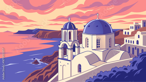 Sunset over Mediterranean church and coastal village illustration.