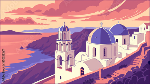 Sunset over Mediterranean village with whitewashed buildings and blue domes.