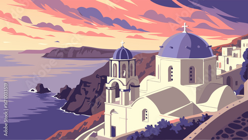 Sunset View of Coastal Churches and Ocean.
