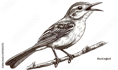 Vintage illustration of a singing mockingbird perched on a branch isolated on white isolated on transparent background