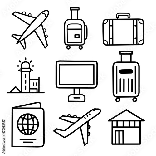 Travel and Airport Icon Set in Outline Style
/ Set Ikon Perjalanan dan Bandara Gaya Outline