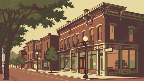 Vintage Street Scene Old Town Historic Buildings Shops Downtown Cityscape Urban Architecture Illustration Retro Nostalgia Summer Day Tree-Lined Street Streetlights Facades Commercial Buildings Busine.
