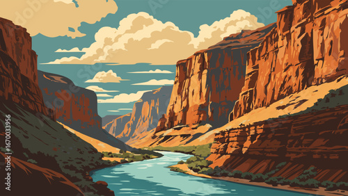 Vintage Style River Canyon Landscape Scenic Nature Illustration Travel Poster Design.
