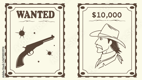 Vintage Wanted Poster Design Outlaw Gun Reward Western Theme Illustration.