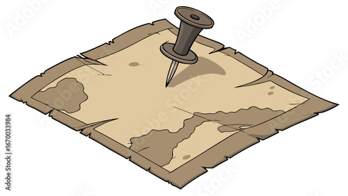 Vintage Treasure Map with Push Pin Adventure Exploration Cartography Illustration.