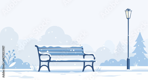 Snow-covered bench with lamppost in winter landscape   