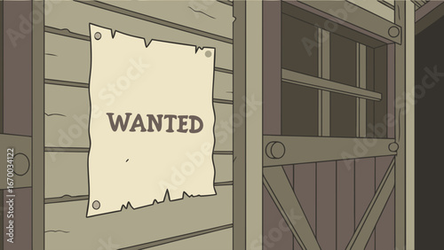 Wanted Poster on Old Wooden Door Western Style Illustration.