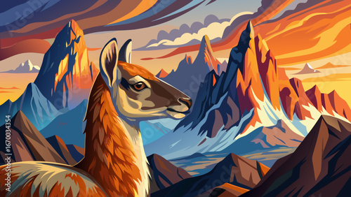 Portrait of guanaco amid Torres del Paine’s towering peaks, glowing in sunset light, captures Patagonia’s wild beauty, blending majestic creature with awe-inspiring landscape frozen in timeless scene.