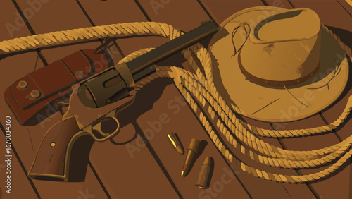 Western revolver cowboy hat rope bullets Wild West vintage weapon old west gun ammunition holster outlaw cowboy western illustration old gun vintage illustration western background cowboy props movie.