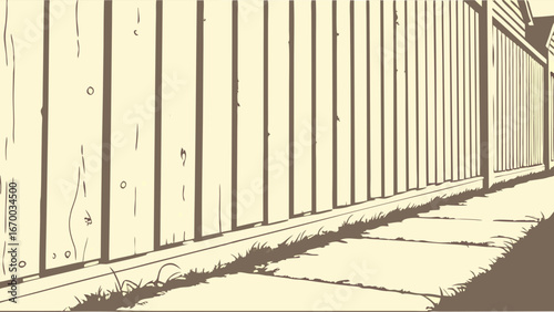 Wooden fence along a sidewalk simple vector illustration backyard background rural scene garden design property boundary suburban landscape simple line art fence texture wood texture graphic design e.
