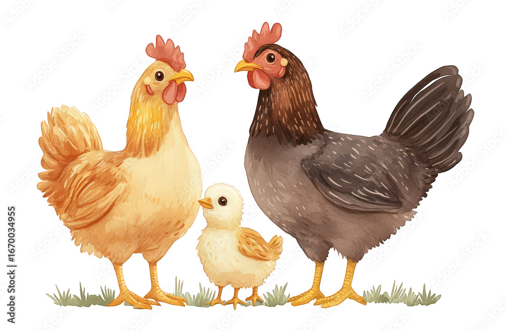 Fototapeta premium A hen, rooster, and chick stand together in a farmyard setting isolated on transparent background