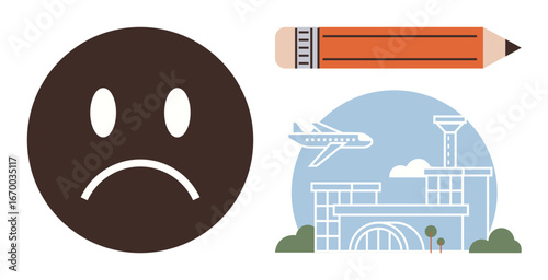Brown sad face beside an orange pencil and an airport landscape with an airplane flying overhead. Ideal for travel issues, frustration, creativity, transportation, emotions, problem-solving, global
