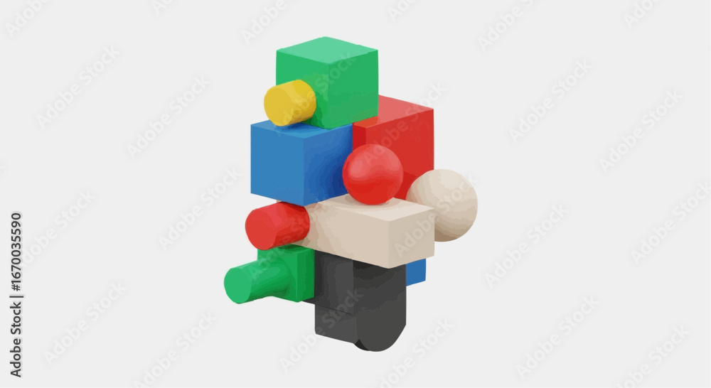 Obraz premium A colorful abstract arrangement of geometric shapes including cubes, cylinders, and spheres, balanced precariously on a white background.