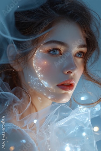 Elegant female portrait with magical glowing particles, high resolution art
