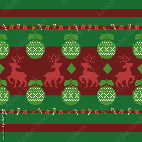 Seamless Christmas knit pattern with reindeer, ornaments, and festive stripes. Perfect for fabric, gift wrap, sweaters, and holiday decor.