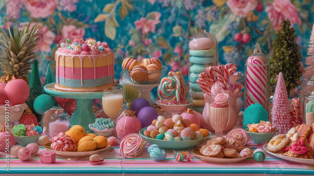 Fototapeta premium Colorful Christmas dessert table with candy and cake
