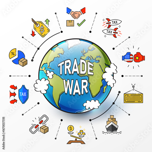 Global Trade War Concept: Tariffs, Taxes, and Economic Conflict Impacting International Business and Global Supply Chains, vector illustration