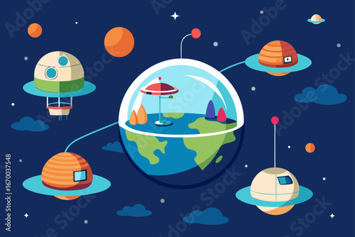 A colorful vector illustration of a cartoon spaceship traveling through the night sky to a distant planet