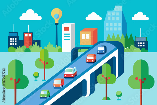 Cartoon cityscape illustration with buildings, streets, and houses creating an urban landscape with a road
