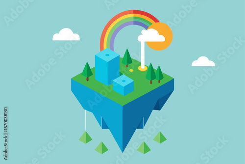 An eco-friendly urban landscape with a rainbow above the green buildings and a factory